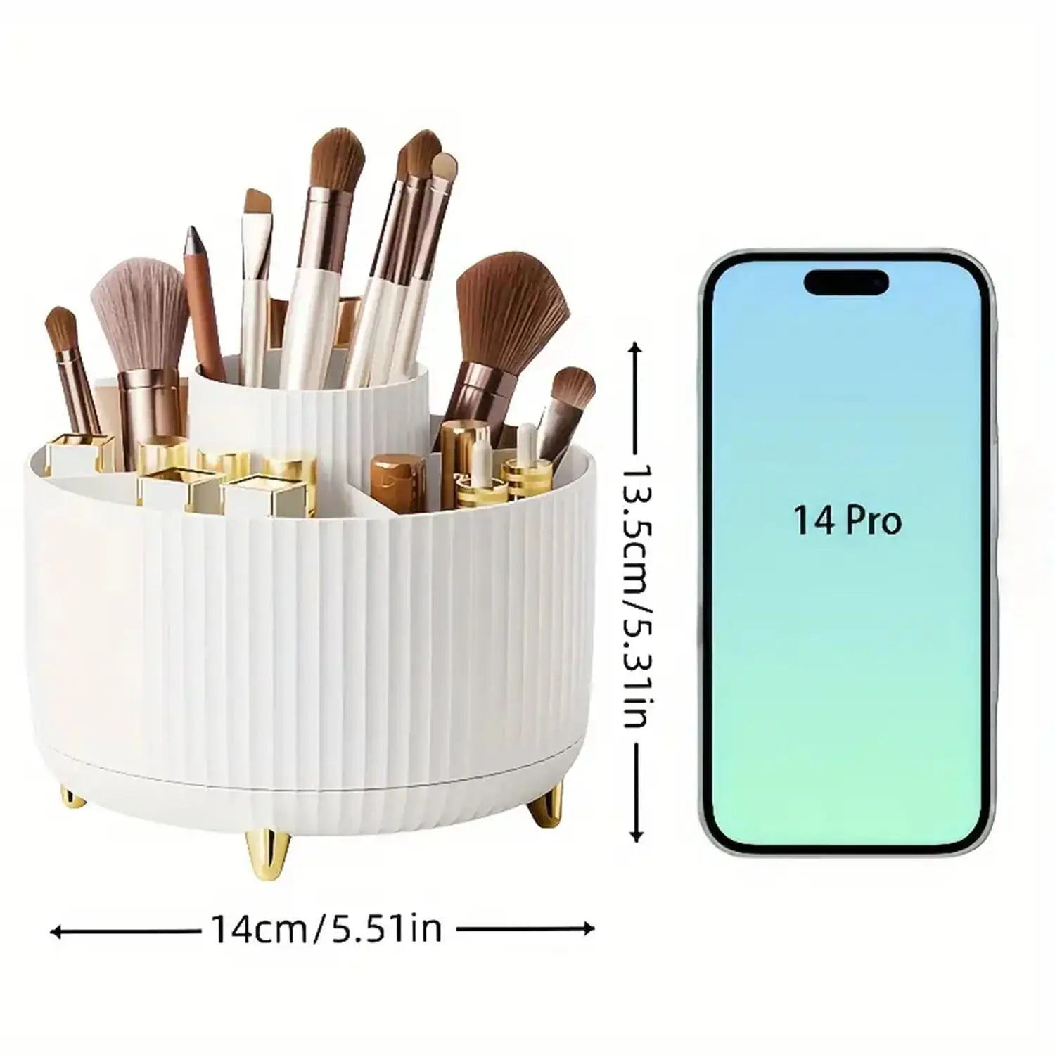 Size comparison of white rotating organizer with a smartphone, showing dimensions