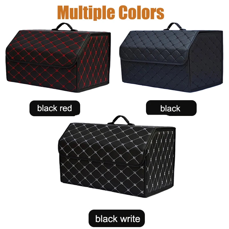 Three color options for the trunk organizer: black with red stitching, solid black, and black with white stitching