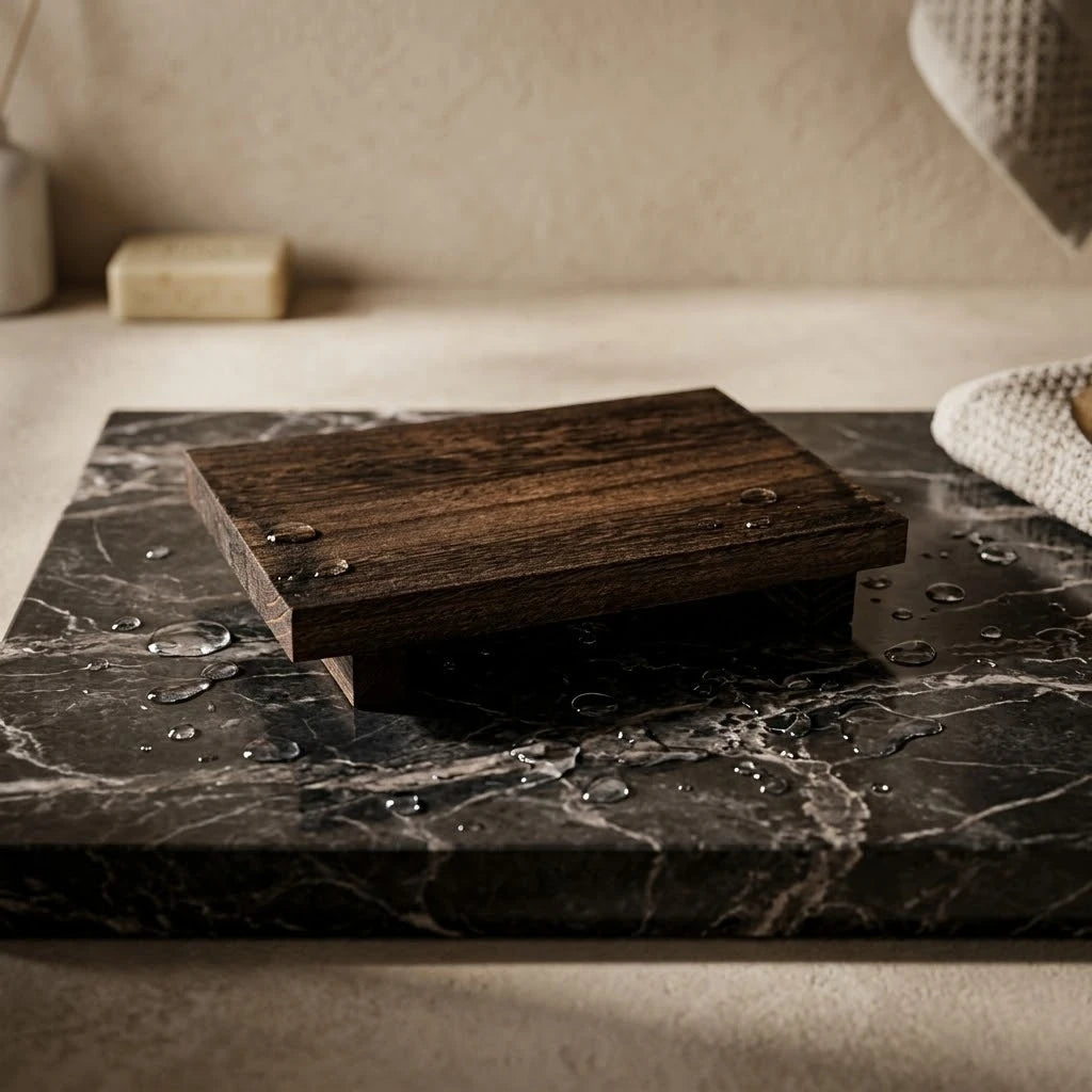Close-up of water-resistant charred wood tray on a wet marble surface