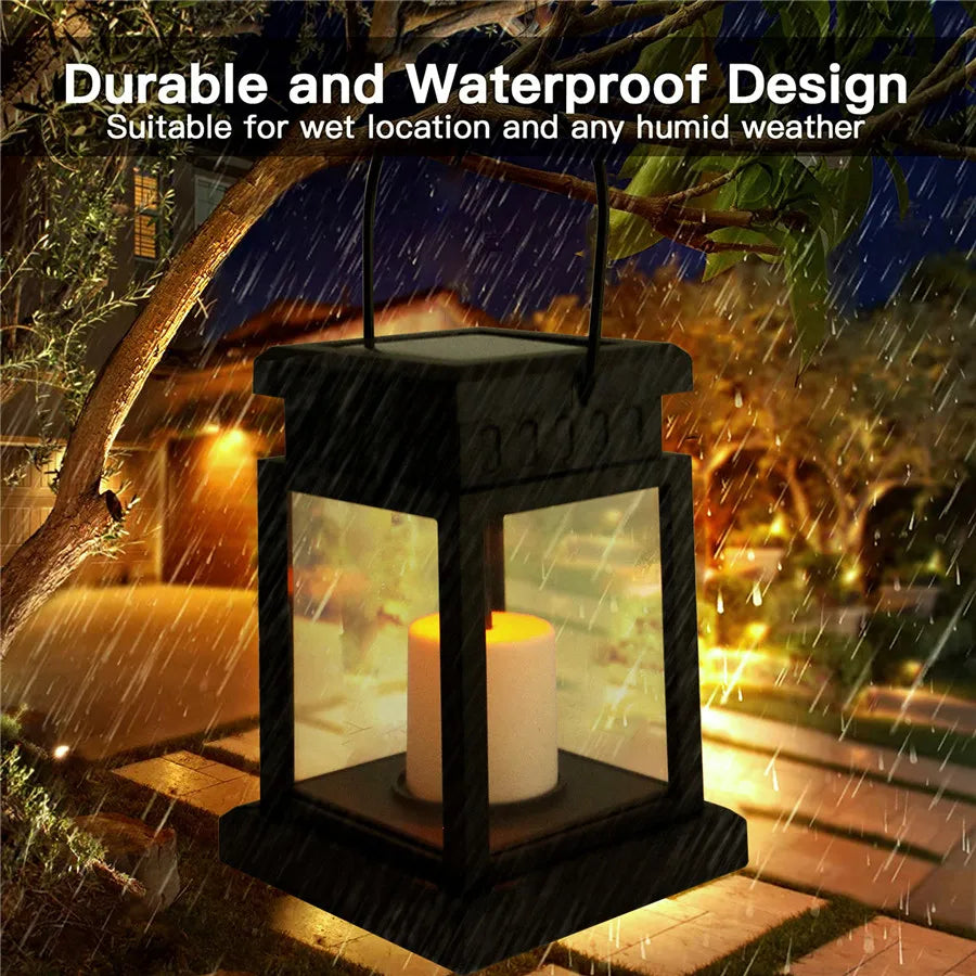Hanging solar candle lantern in rain, demonstrating waterproof feature
