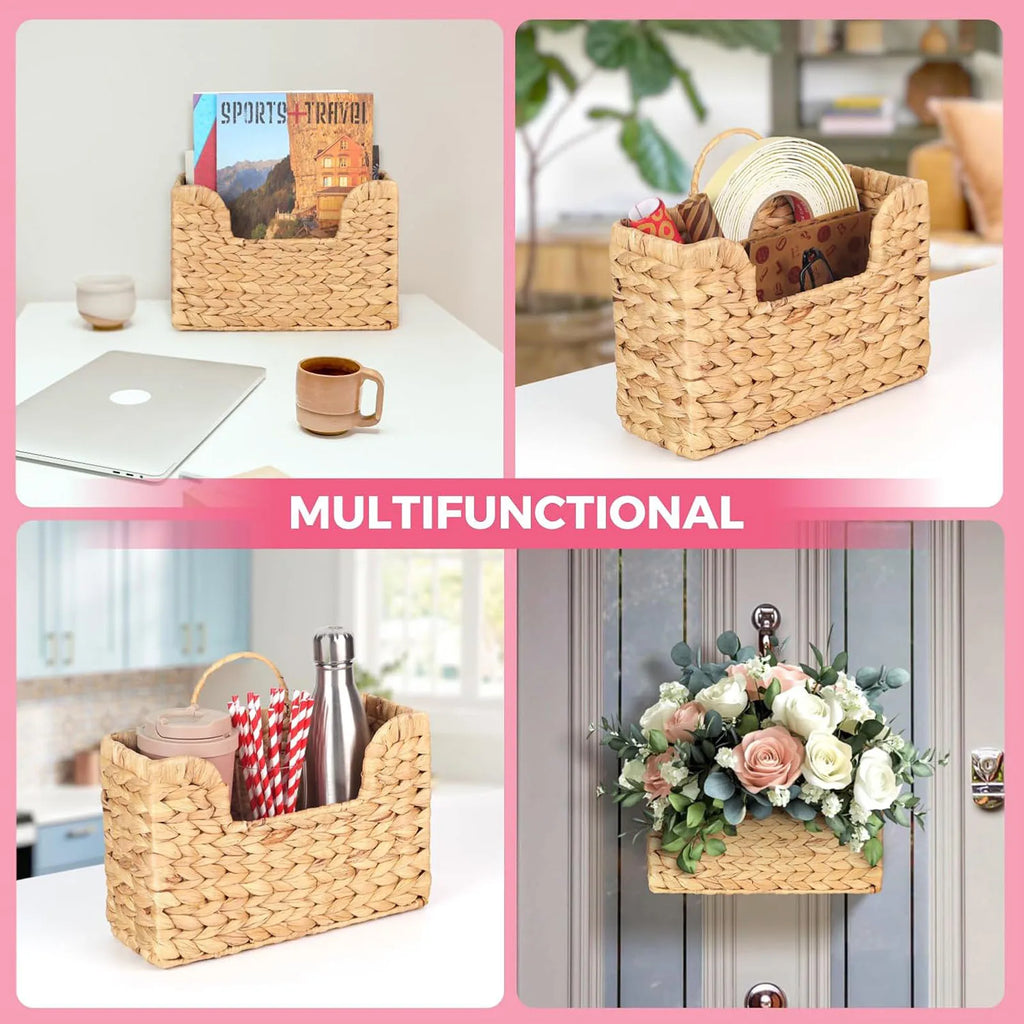 Collage featuring woven magazine basket used for magazines, kitchen items, and as a flower holder