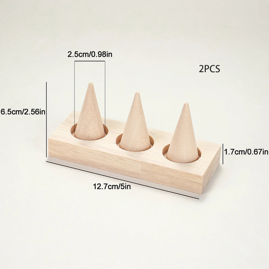 three-cone wood ring holder stand with dimension labels