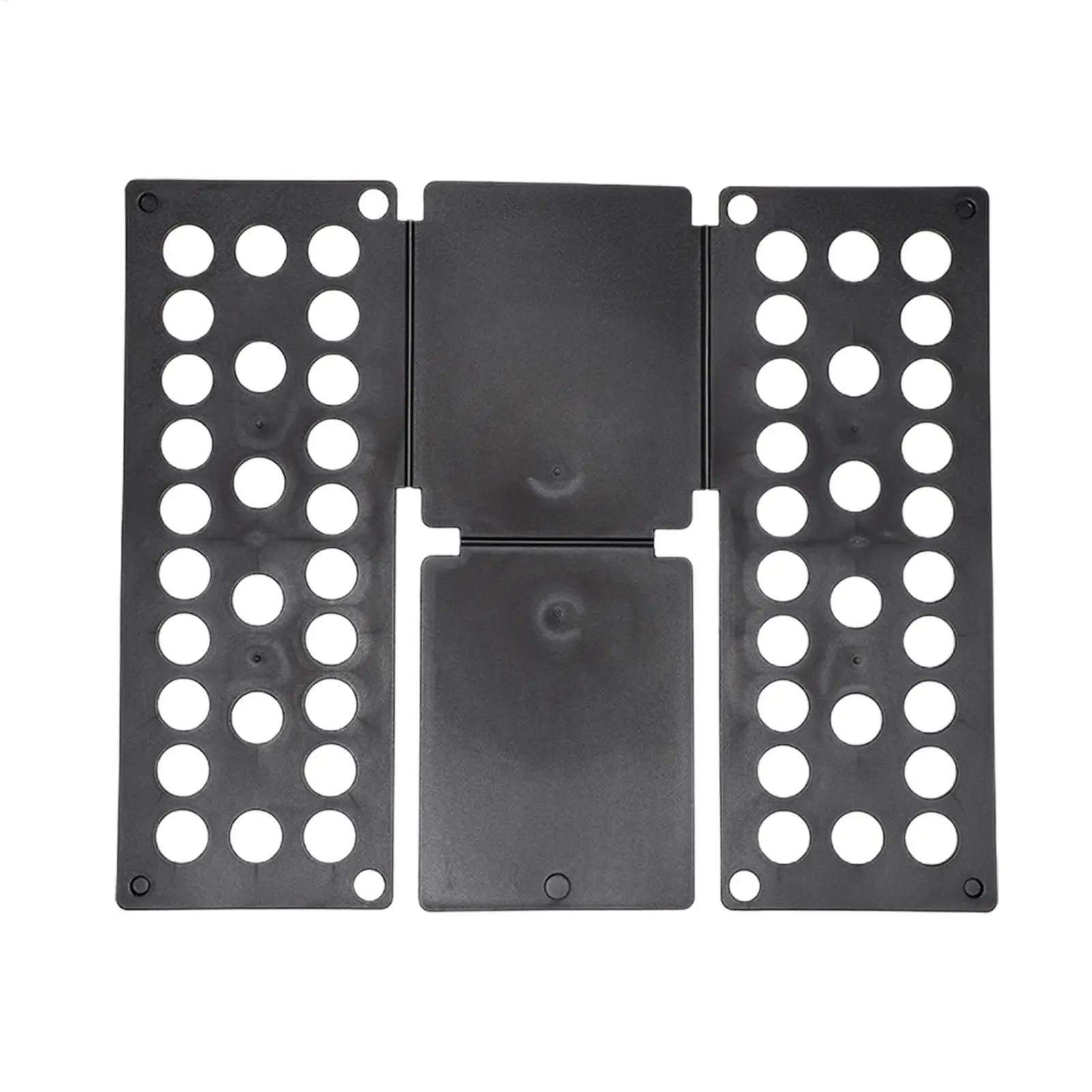 Black folding laundry board opened flat with circular holes visible