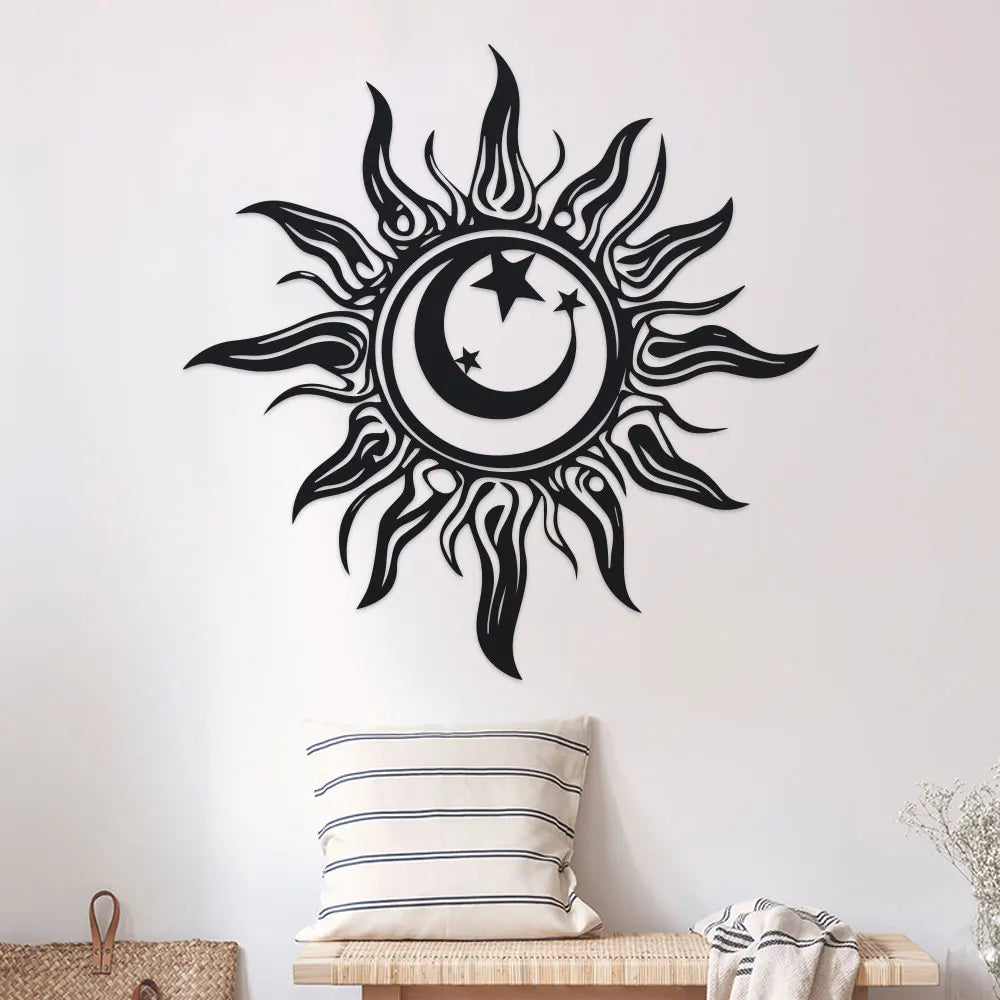 Iron sun wall art with crescent moon and stars design displayed above a pillow bench