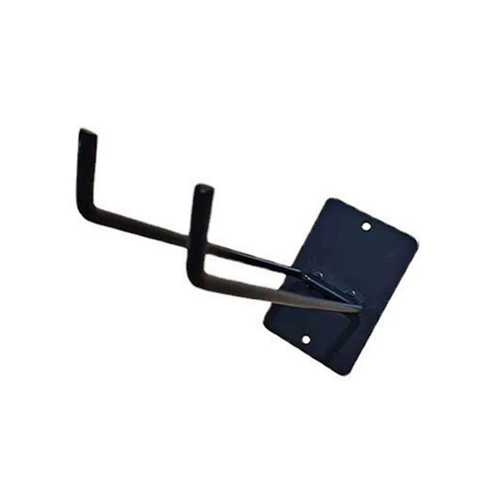 Sturdy black double-prong metal wall hook for tool storage