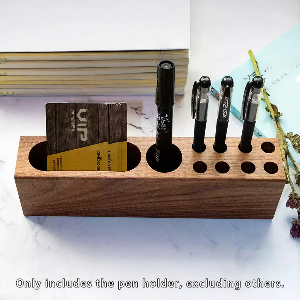 top view of acacia wood pen holder showing multiple slots for pens and cards