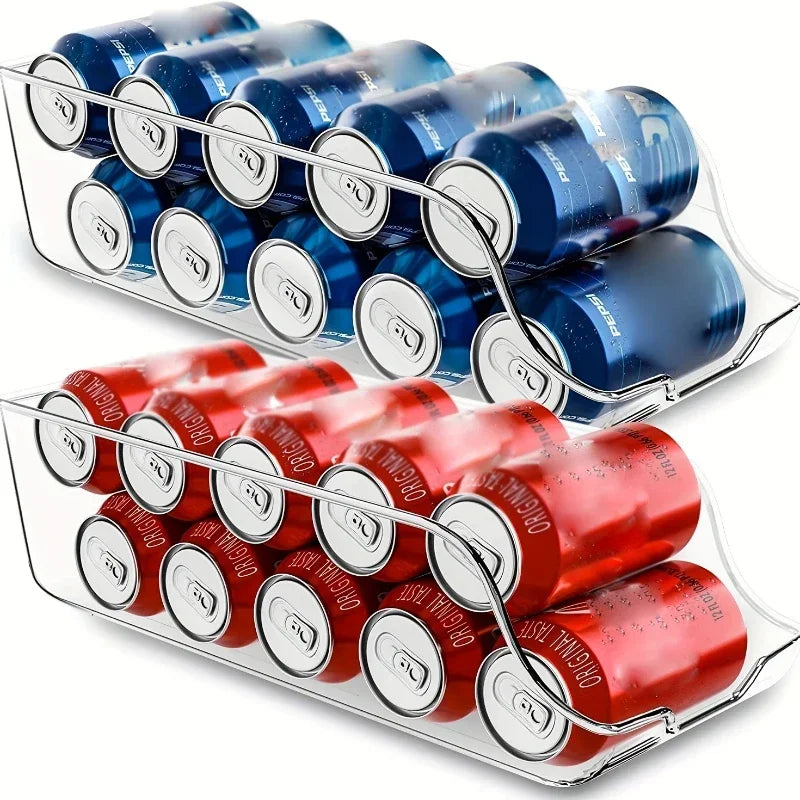 Clear rolling can dispenser bins with red and blue soda cans organized on a shelf