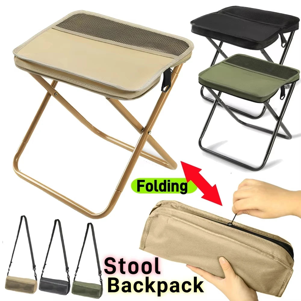 Portable folding backpack stool in khaki, black, and green shown open and folded into a shoulder bag