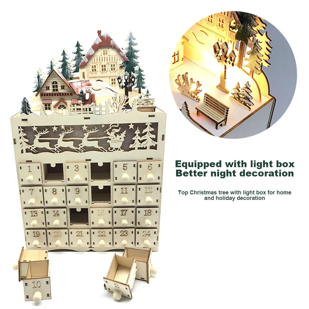 wooden Advent calendar with lighted village and several open number drawers