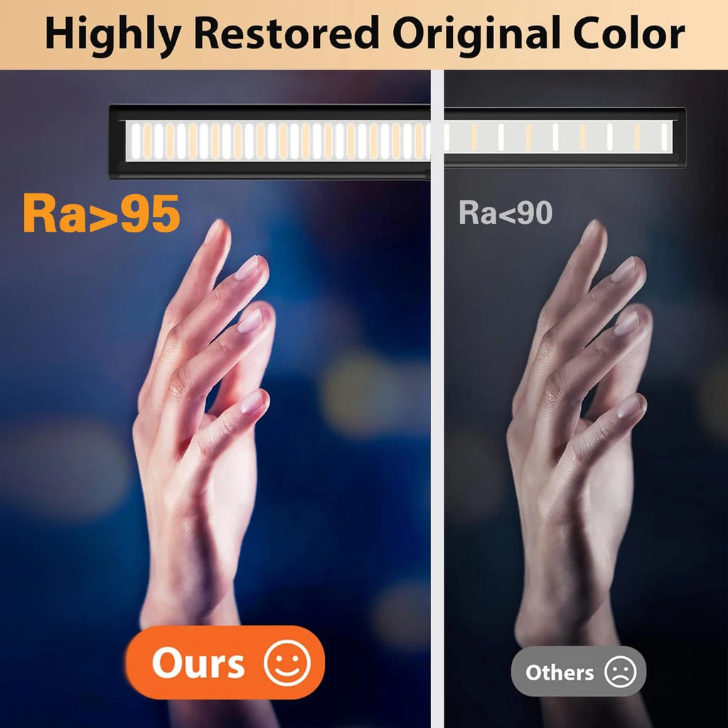 Comparison of LED desk lamp color rendering showing effect on hand under lamp