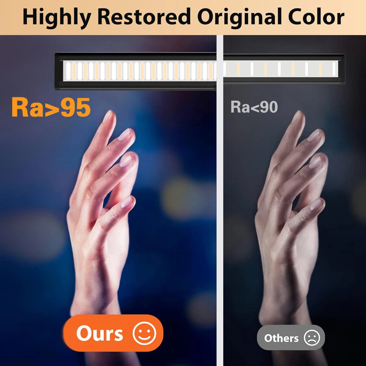Comparison of LED desk lamp color rendering showing effect on hand under lamp
