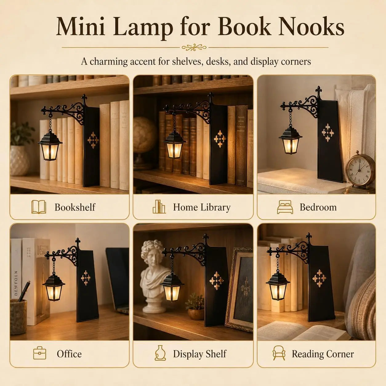 Book nook lantern lamp shown on shelves and desks in home library, bedroom, office, and reading corners