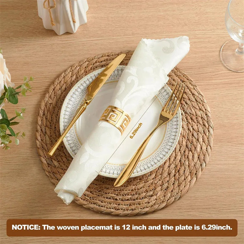 Close-up table setting with 12 inch woven placemat and plate