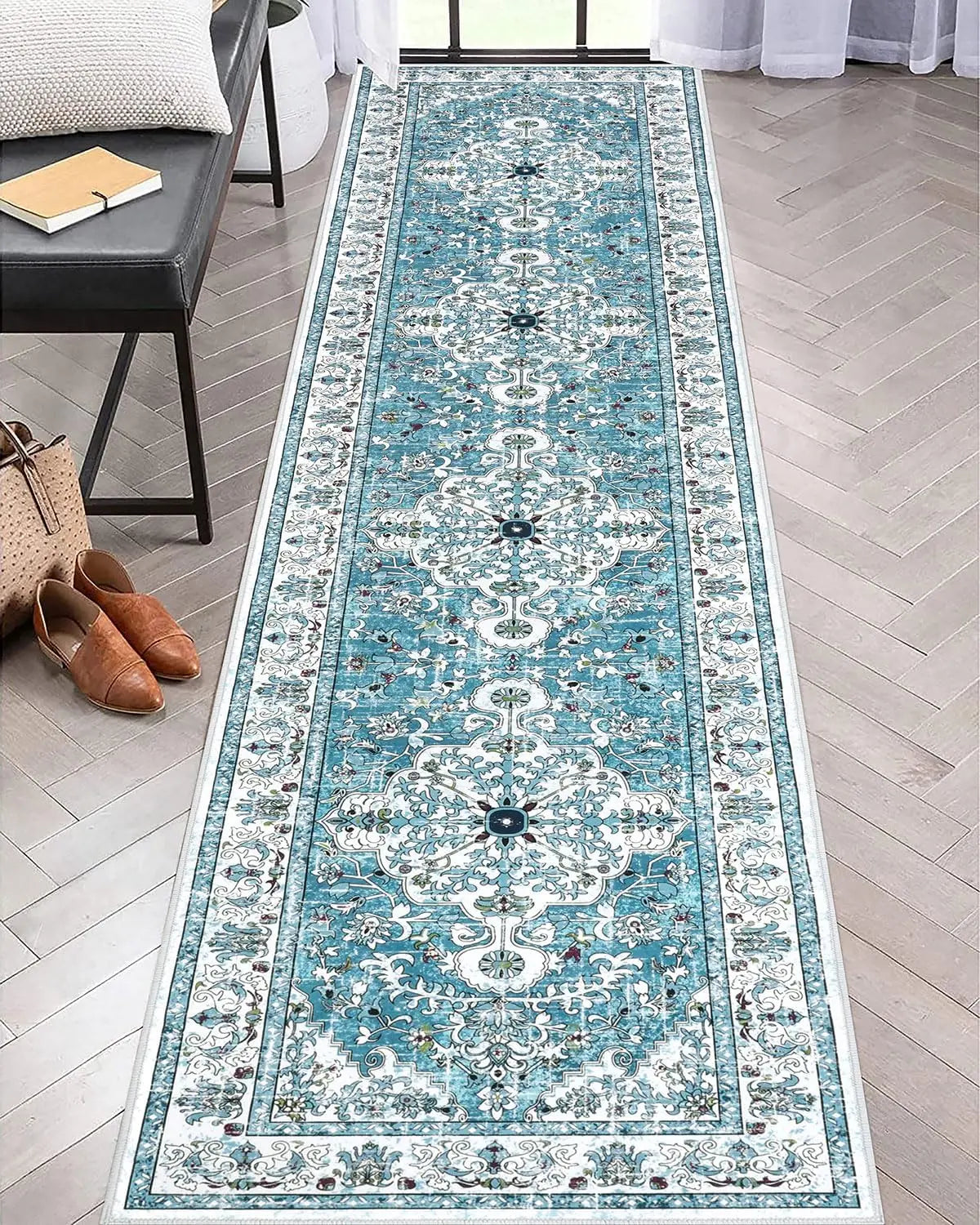 Boho Geometric Hallway Runner Rug – Non-Slip, Water Absorbent, Machine Washable, for Entryway, Kitchen & Laundry