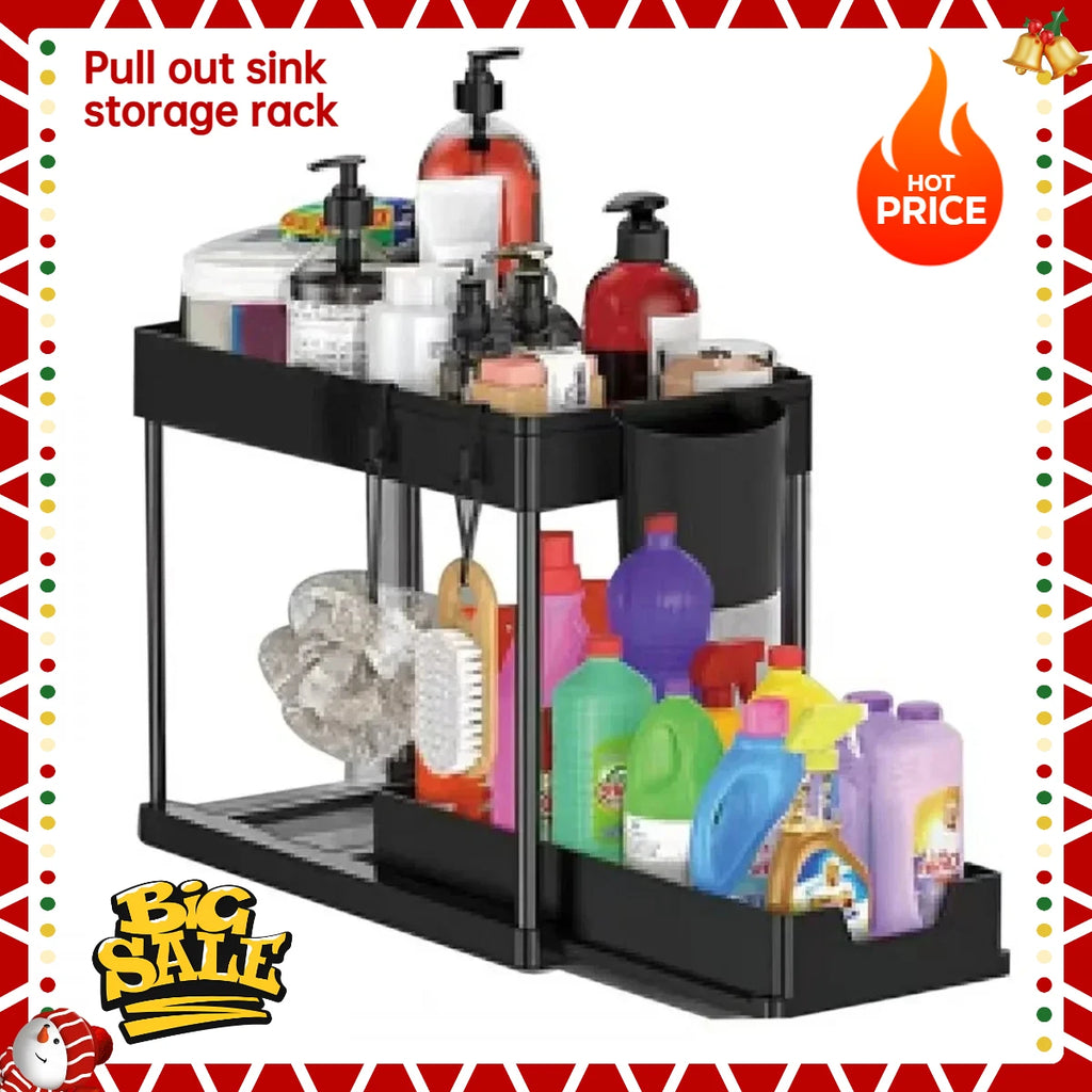 2-tier sliding under sink organizer rack shown storing cleaning supplies and toiletries