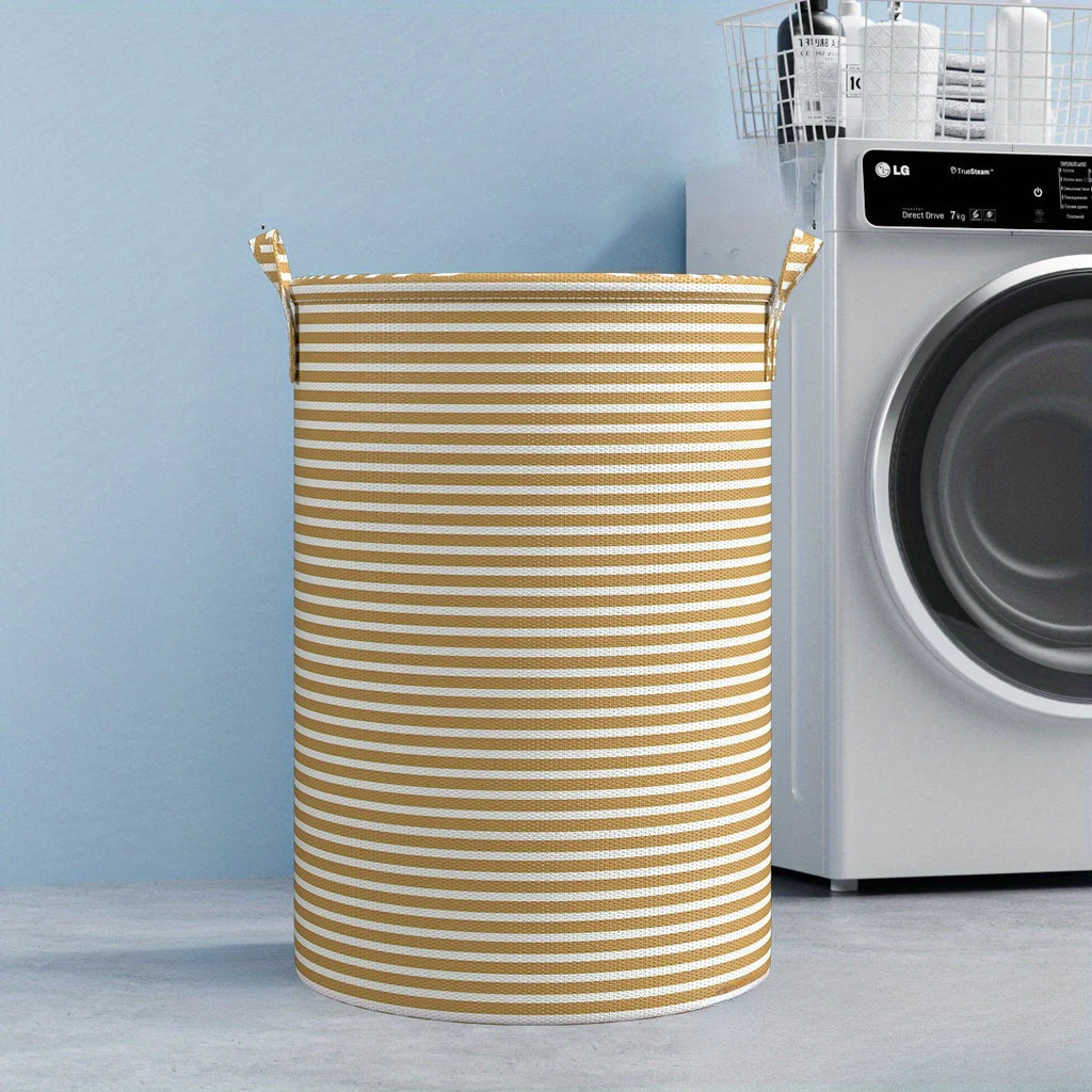 Yellow striped fabric laundry basket standing next to a washing machine