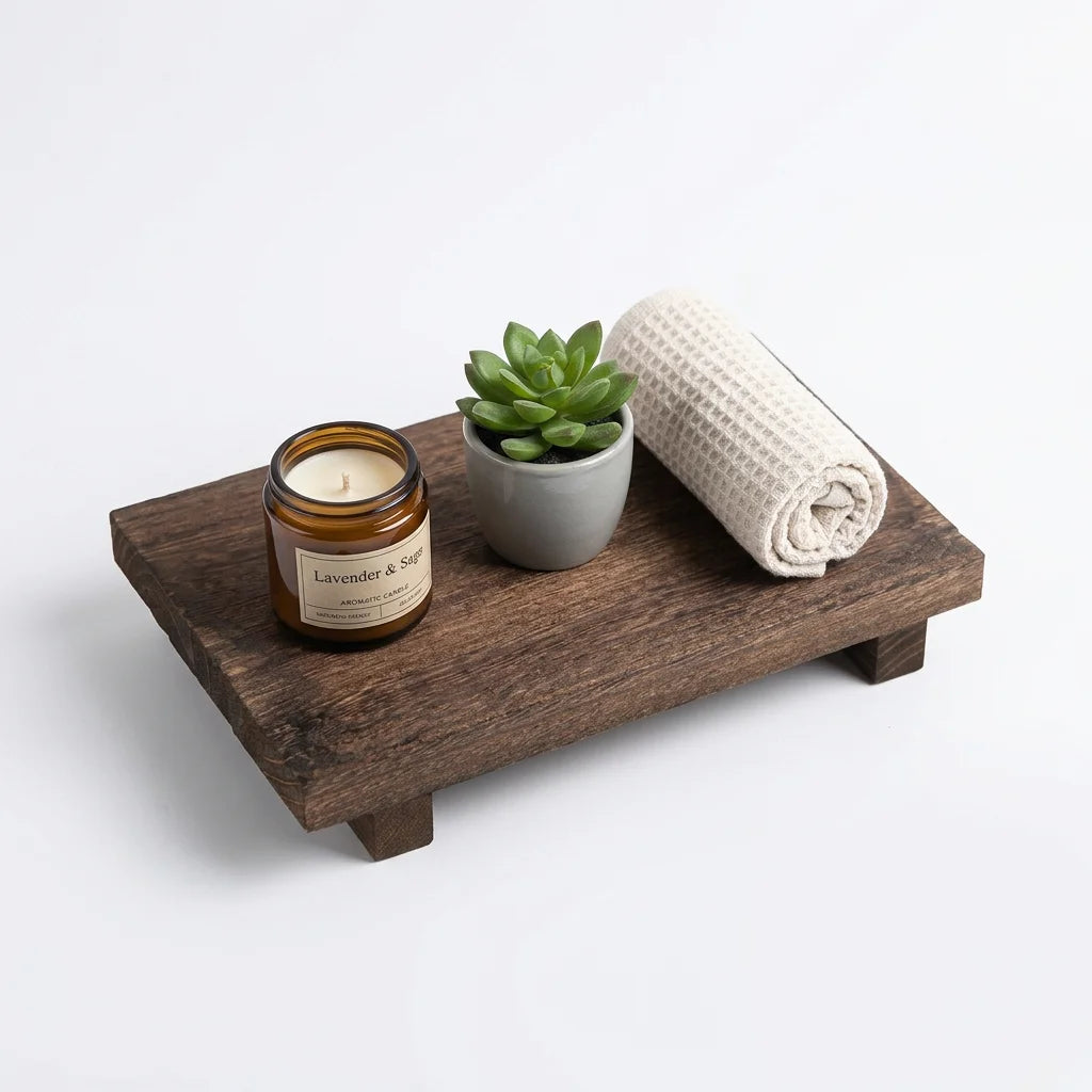 Charred wood vanity tray holding a small candle, succulent, and rolled towel on a white background