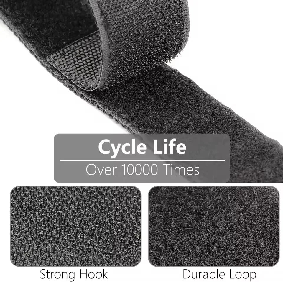 Hook-and-loop fastener of cord organizer strap with text showing cycle life over 10,000 uses