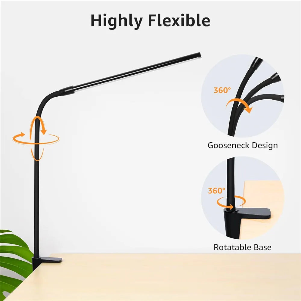 Gooseneck black LED clamp lamp with arrows showing 360-degree flexibility
