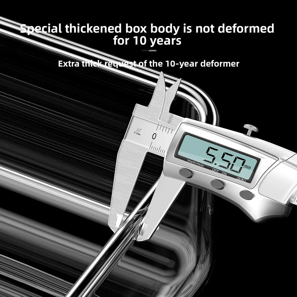Close-up of caliper measuring thickness of clear metal tray edge
