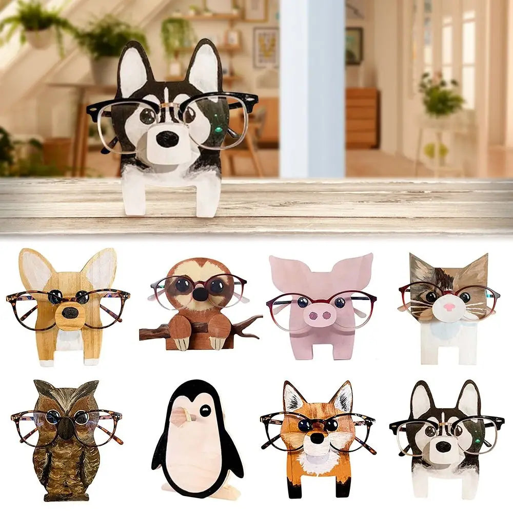 Husky dog wooden glasses stand displayed indoors with other animal holder designs