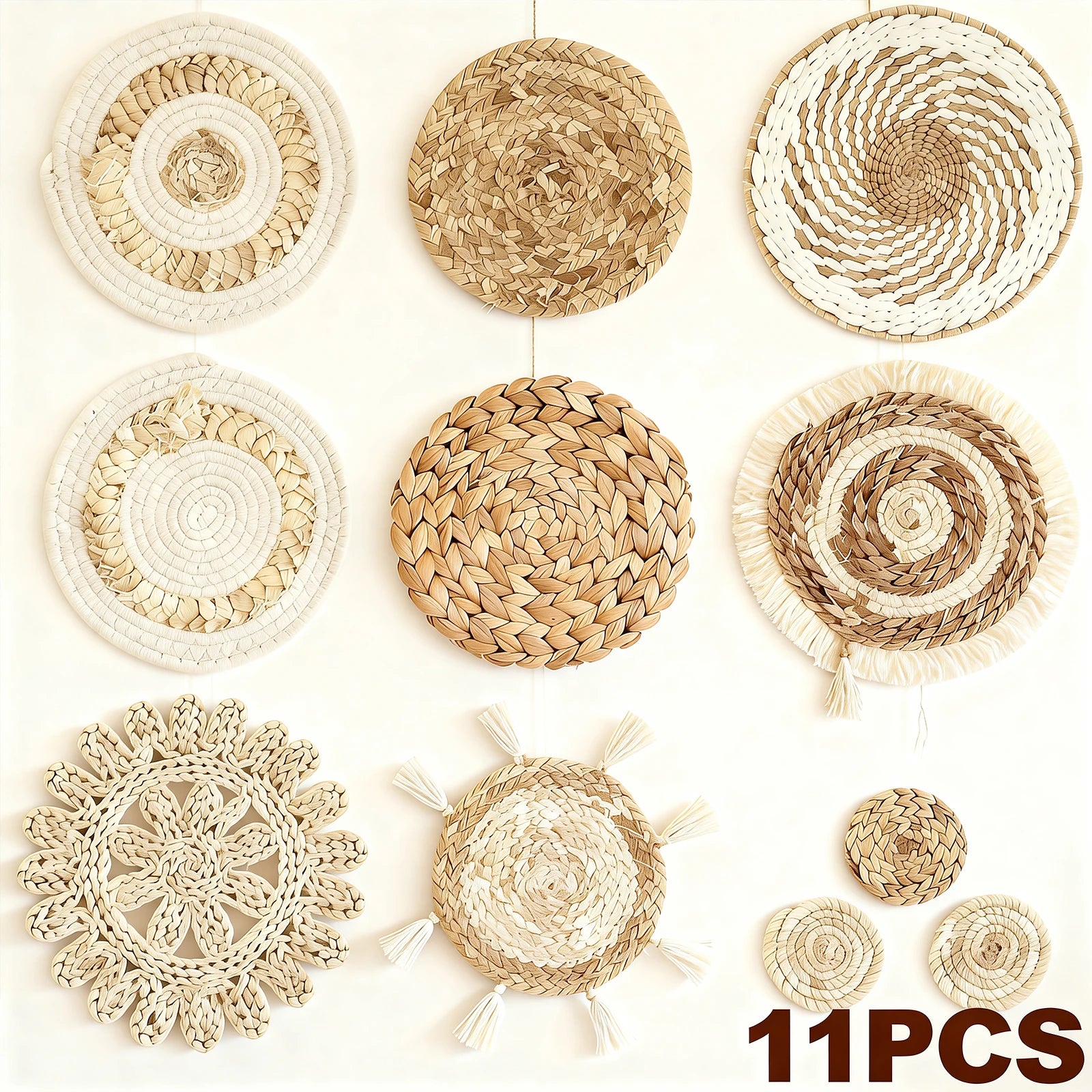 Assorted 11-piece woven wall basket decor set in various neutral natural patterns