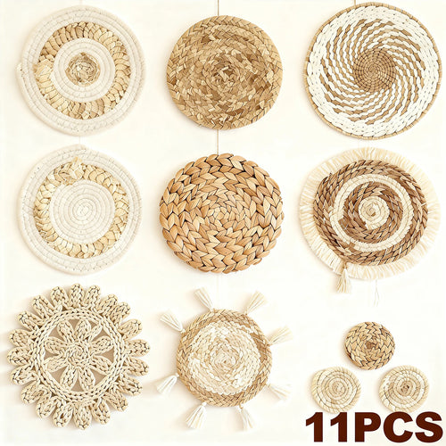 Assorted 11-piece woven wall basket decor set in various neutral natural patterns
