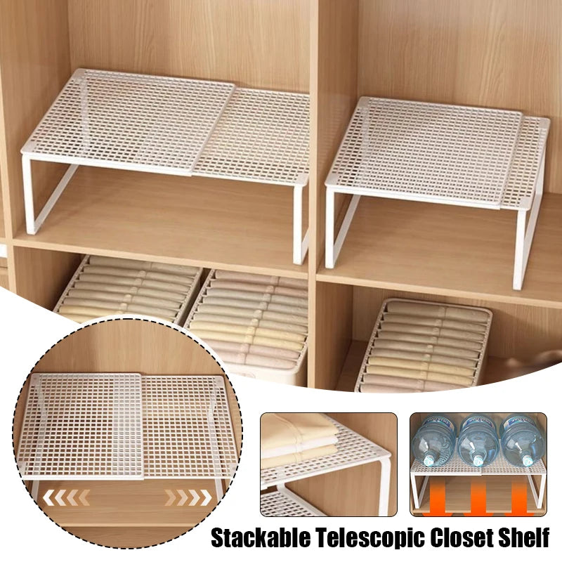 Adjustable white metal stackable closet shelf shown extending inside a wooden wardrobe