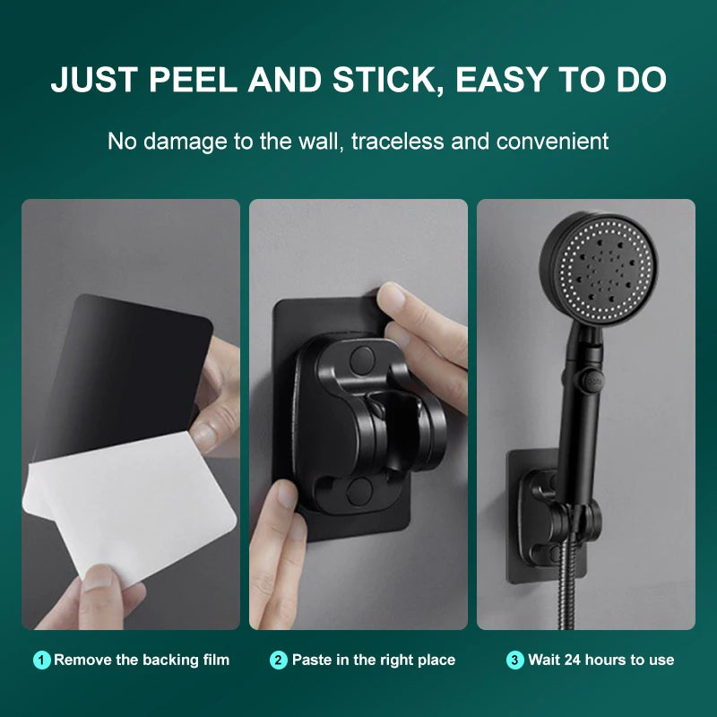 Step-by-step images showing peel-and-stick installation of black shower head holder in bathroom