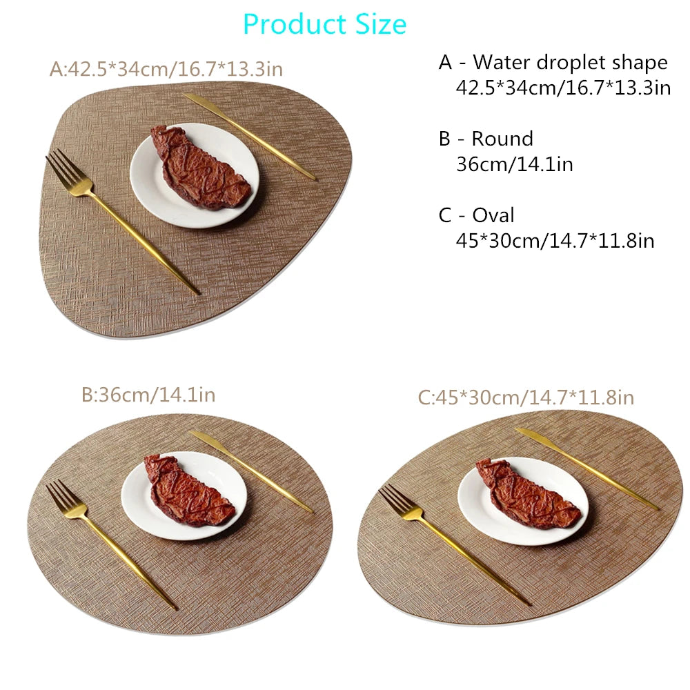Product size chart showing teardrop, round, and oval placemat shapes with dimensions and place settings