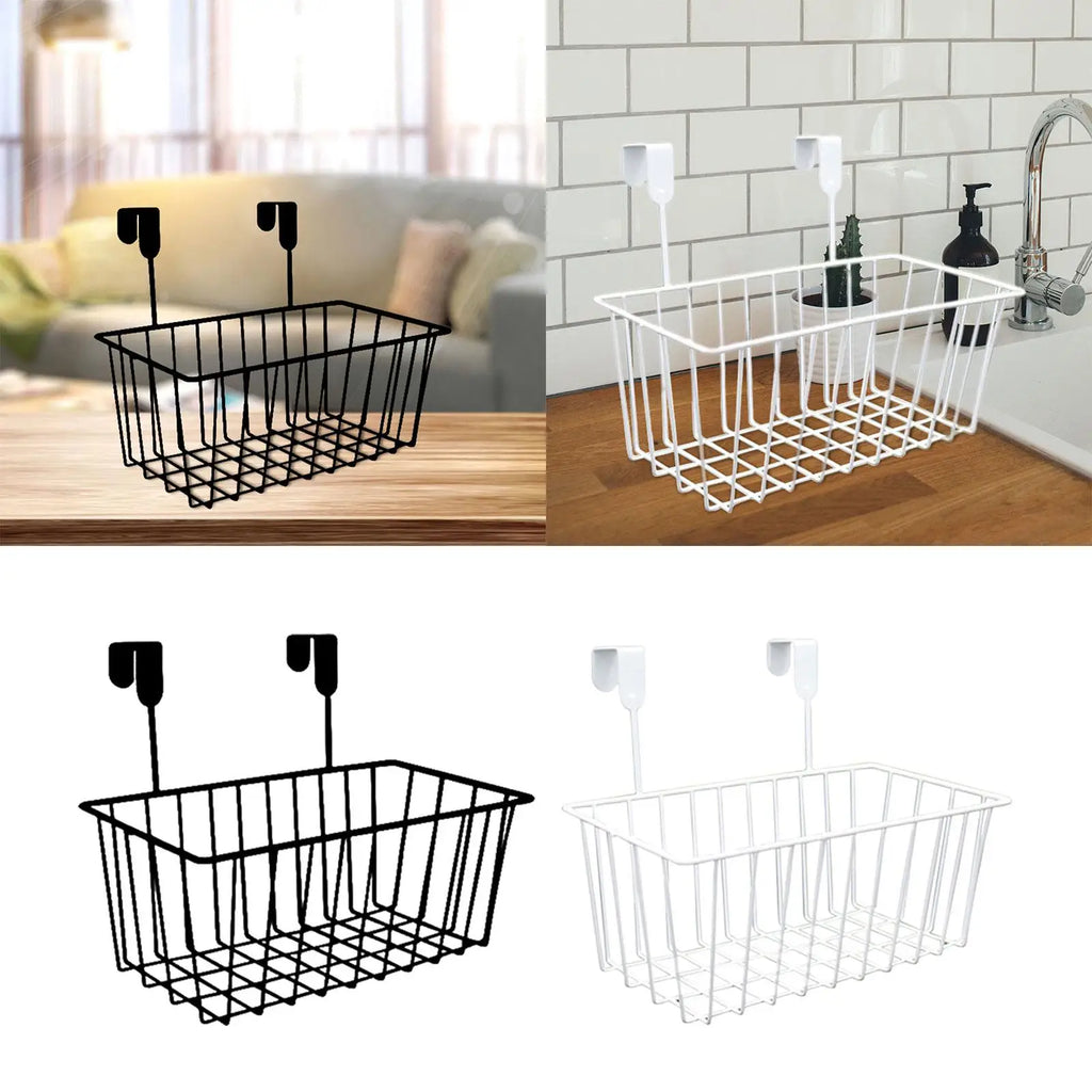 Black and white over-the-cabinet metal basket organizers shown in kitchen and living settings