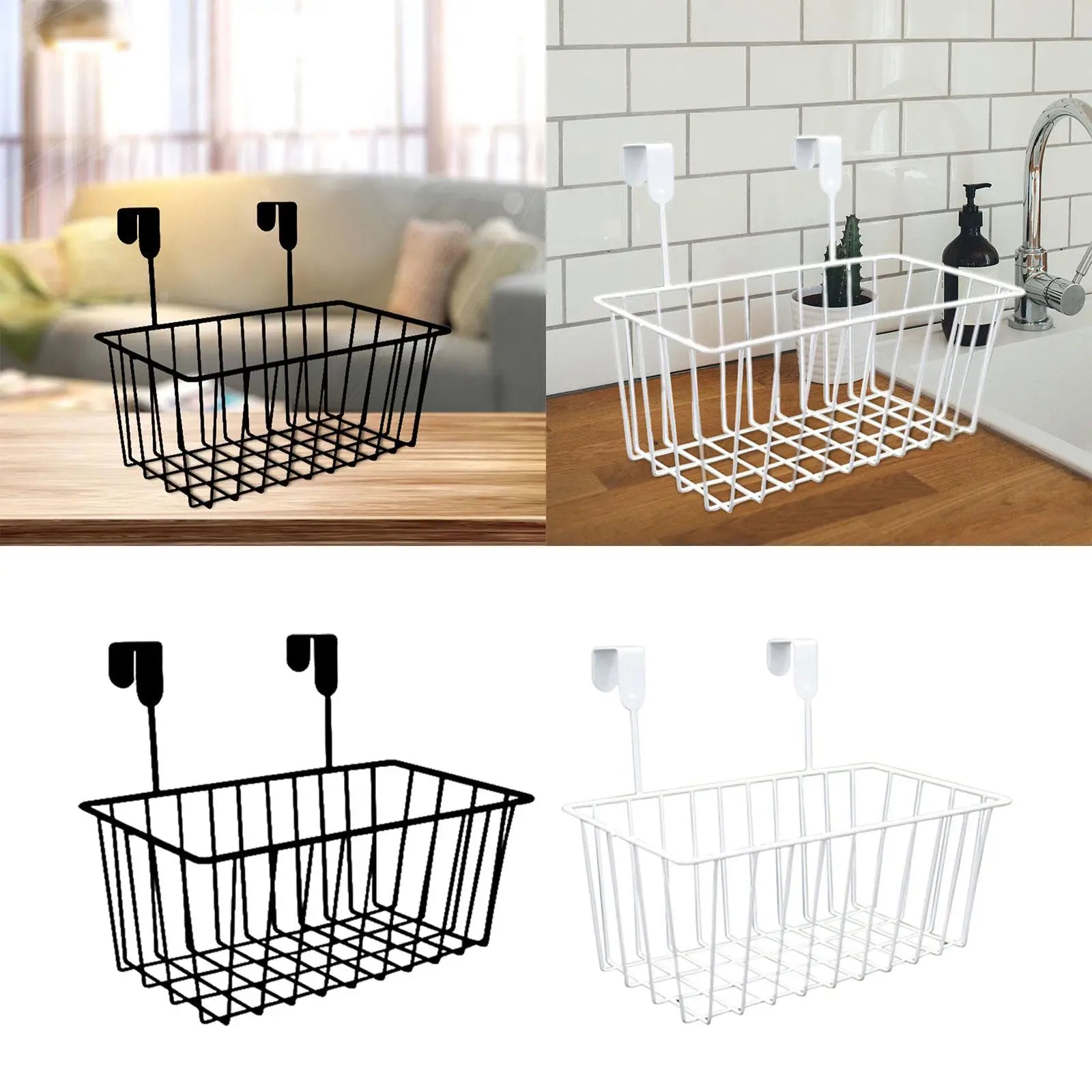 Black and white over-the-cabinet metal basket organizers shown in kitchen and living settings