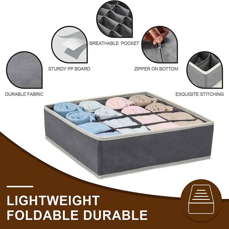 24-Grid Foldable Sock & Underwear Drawer Organizer Bin – Non-Woven Fabric, Stackable, in Gray or Beige