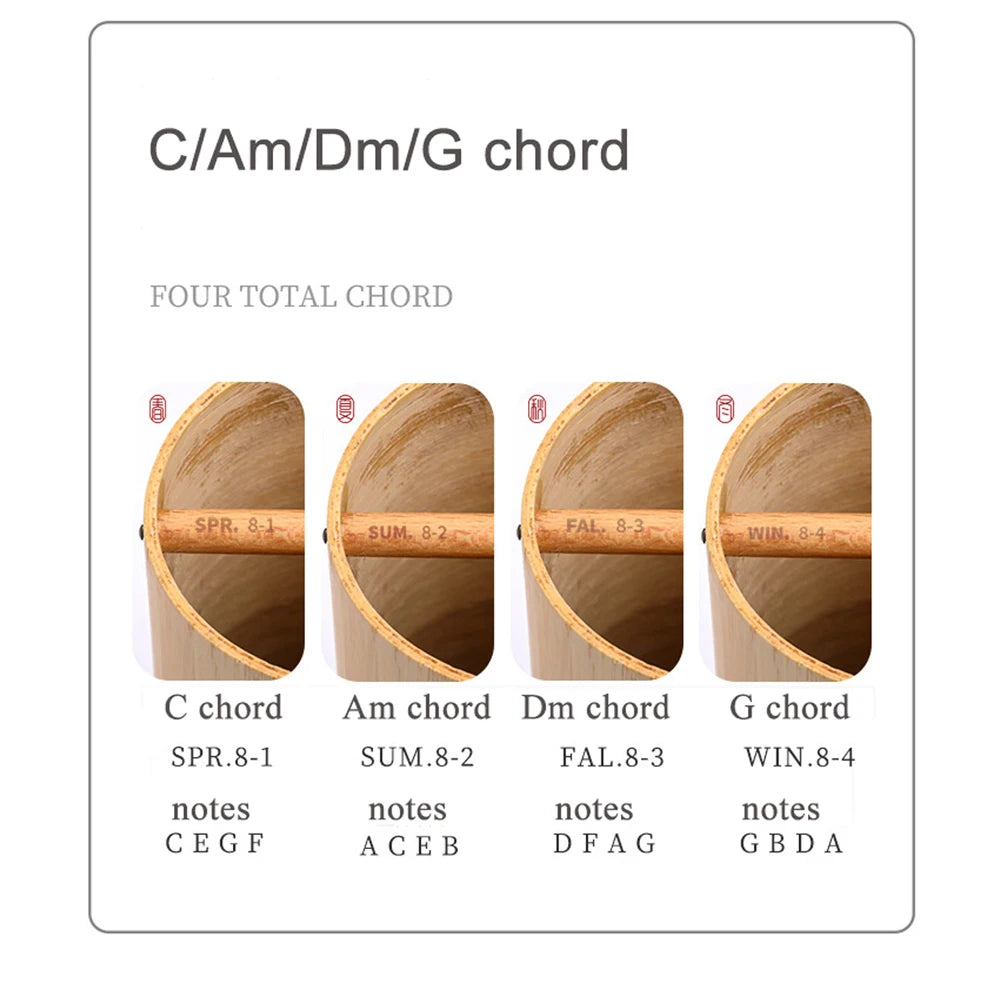 Bamboo wind chime tunings: C, Am, Dm, G chords inside cylinder