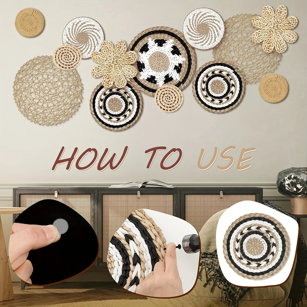 step-by-step illustration of hanging boho woven wall baskets on a wall