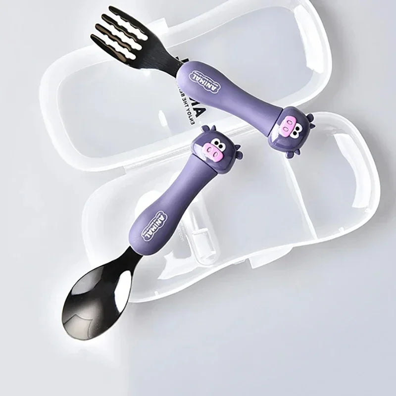 Cartoon calf kids cutlery with open storage case behind