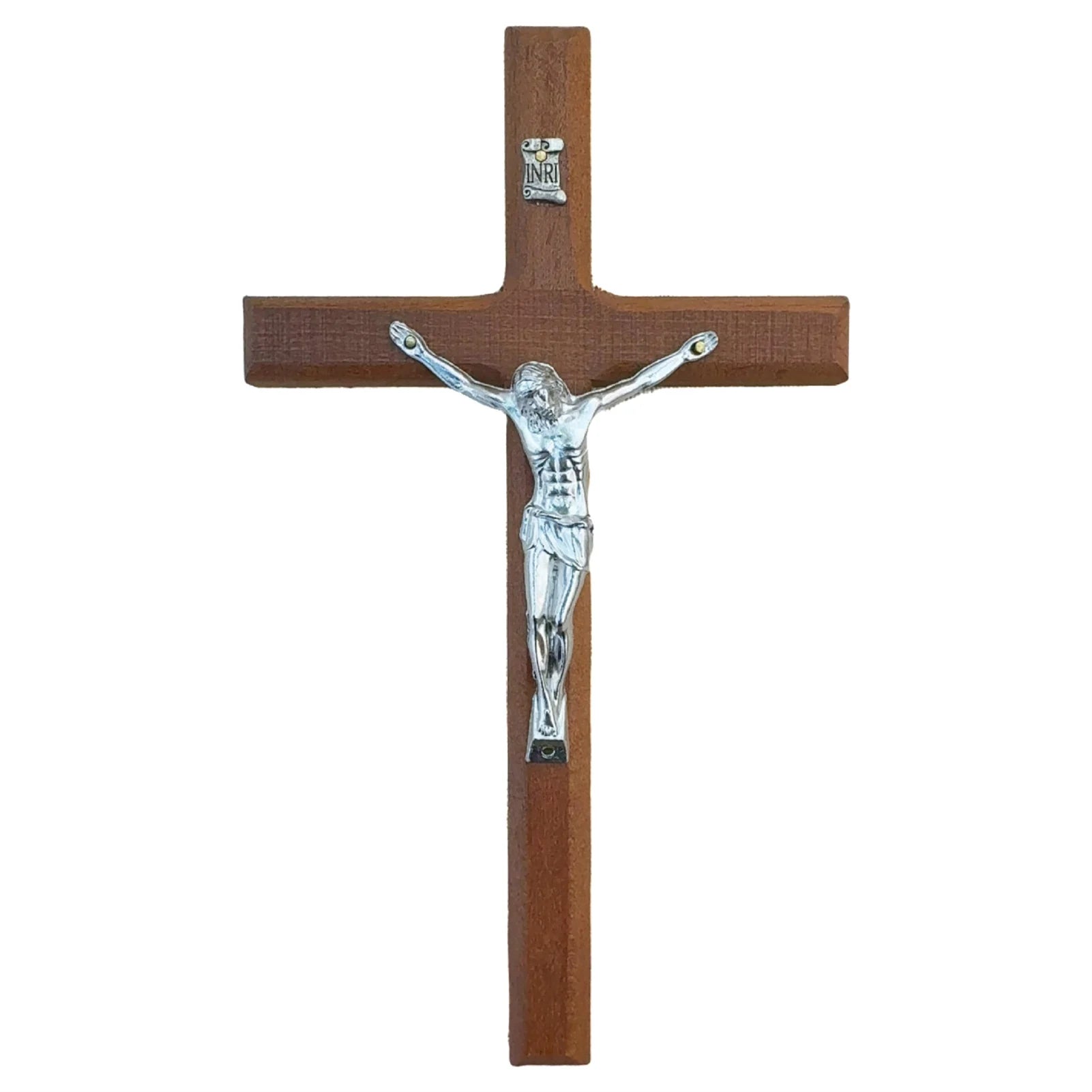 hand-carved wooden wall crucifix with silver-tone corpus and INRI detail