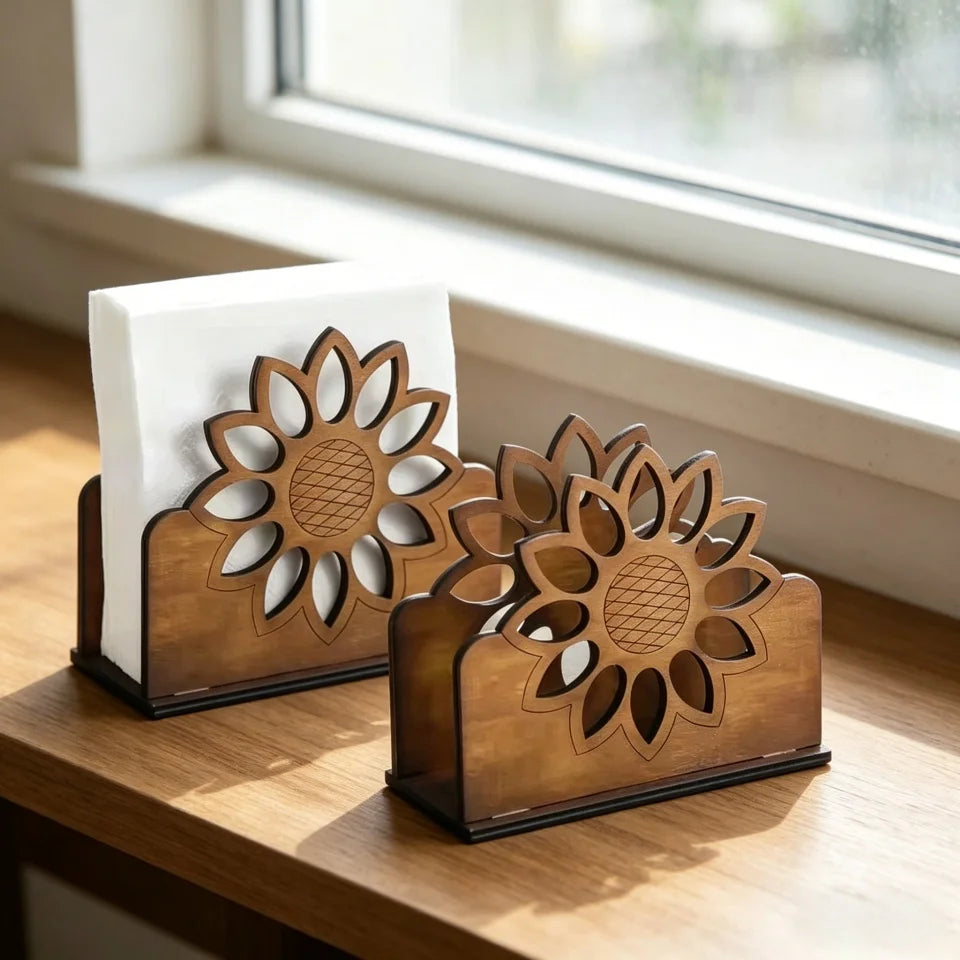 Two wooden sunflower napkin holders on a window ledge, one holding napkins