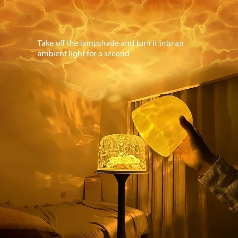 Hand removing lampshade from mushroom lamp to reveal ambient yellow ripple lighting effect in a cozy bedroom