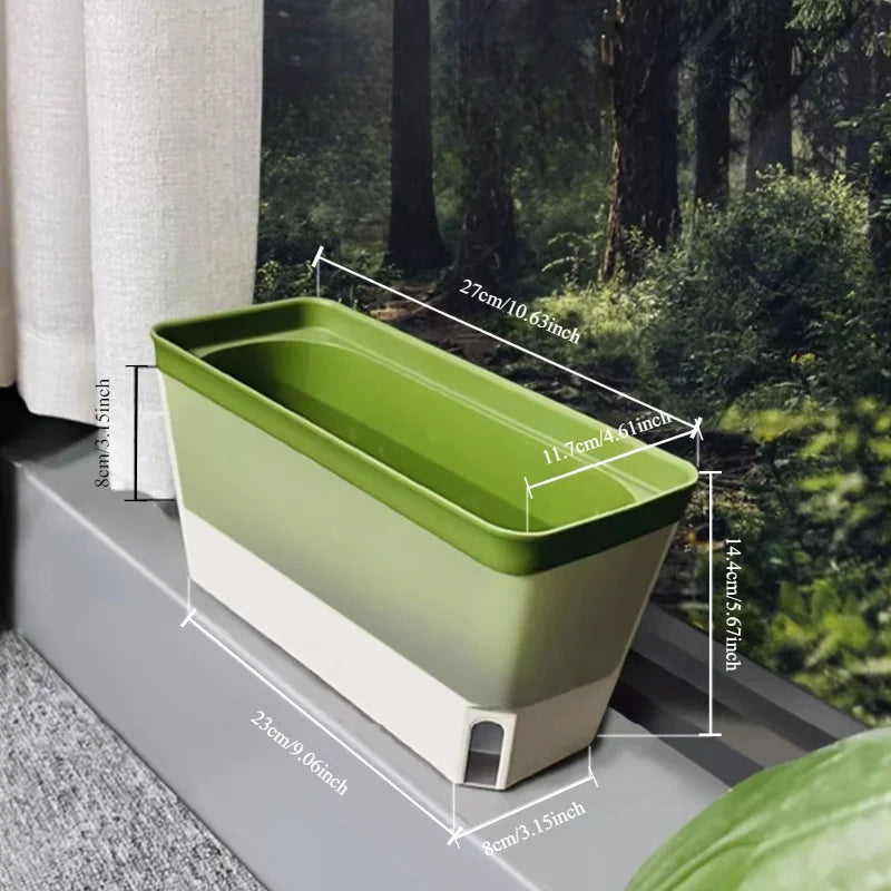 Green and white windowsill planter with visible measurements next to a window