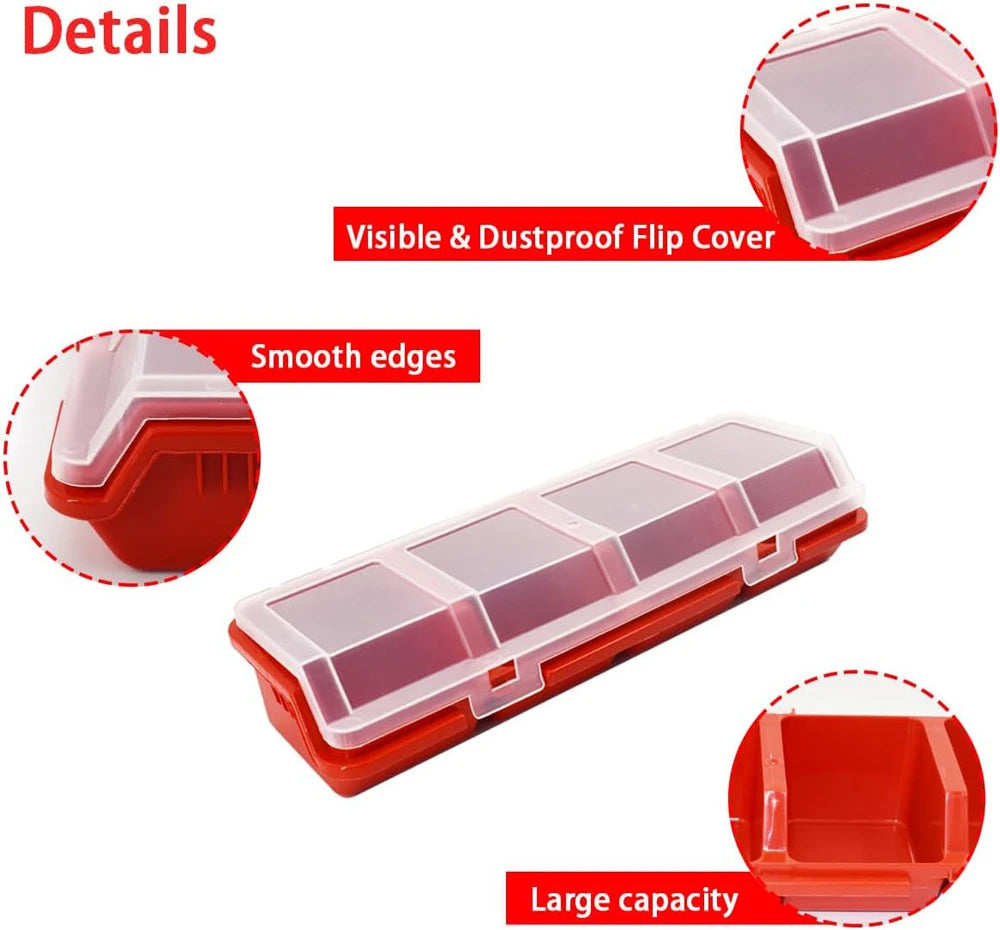 Closeup of red organizer box showing clear flip lid and compartment features