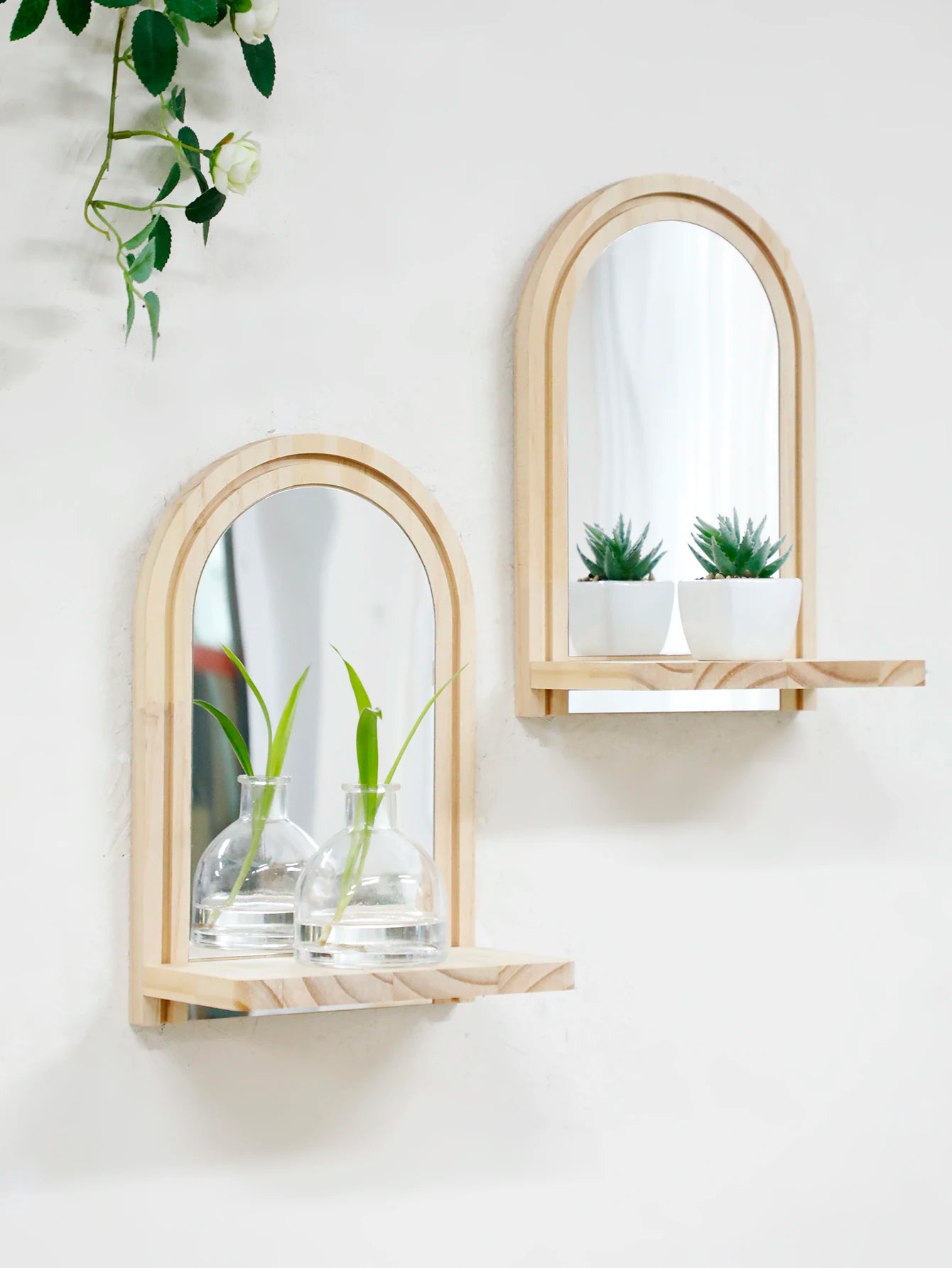 Hayden Arched Wall Mirror with Natural Wood Shelf