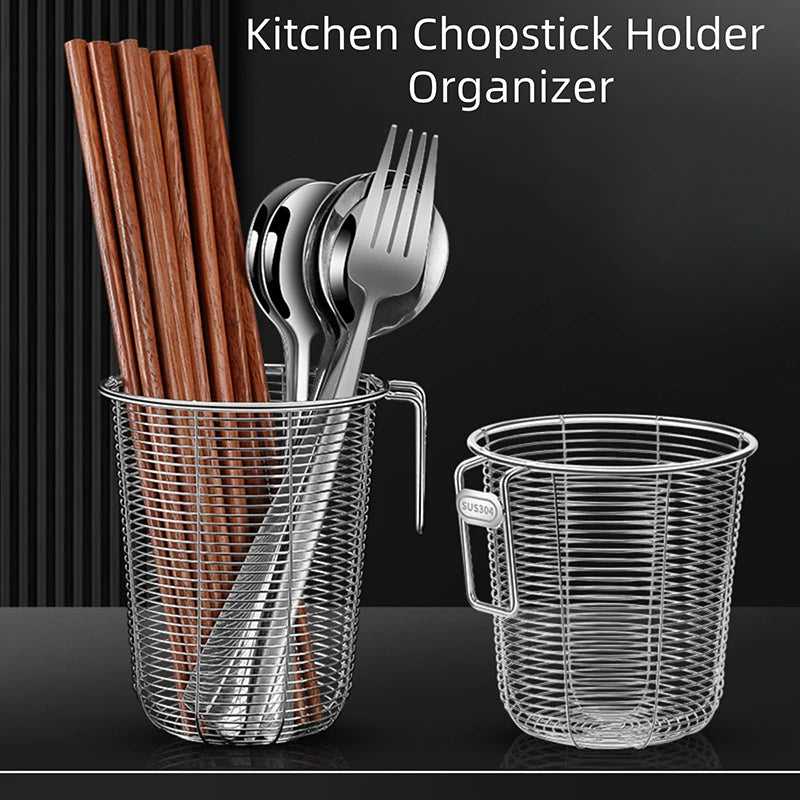 Kitchen chopstick holder organizer in stainless steel mesh with utensils inside, available in multiple sizes