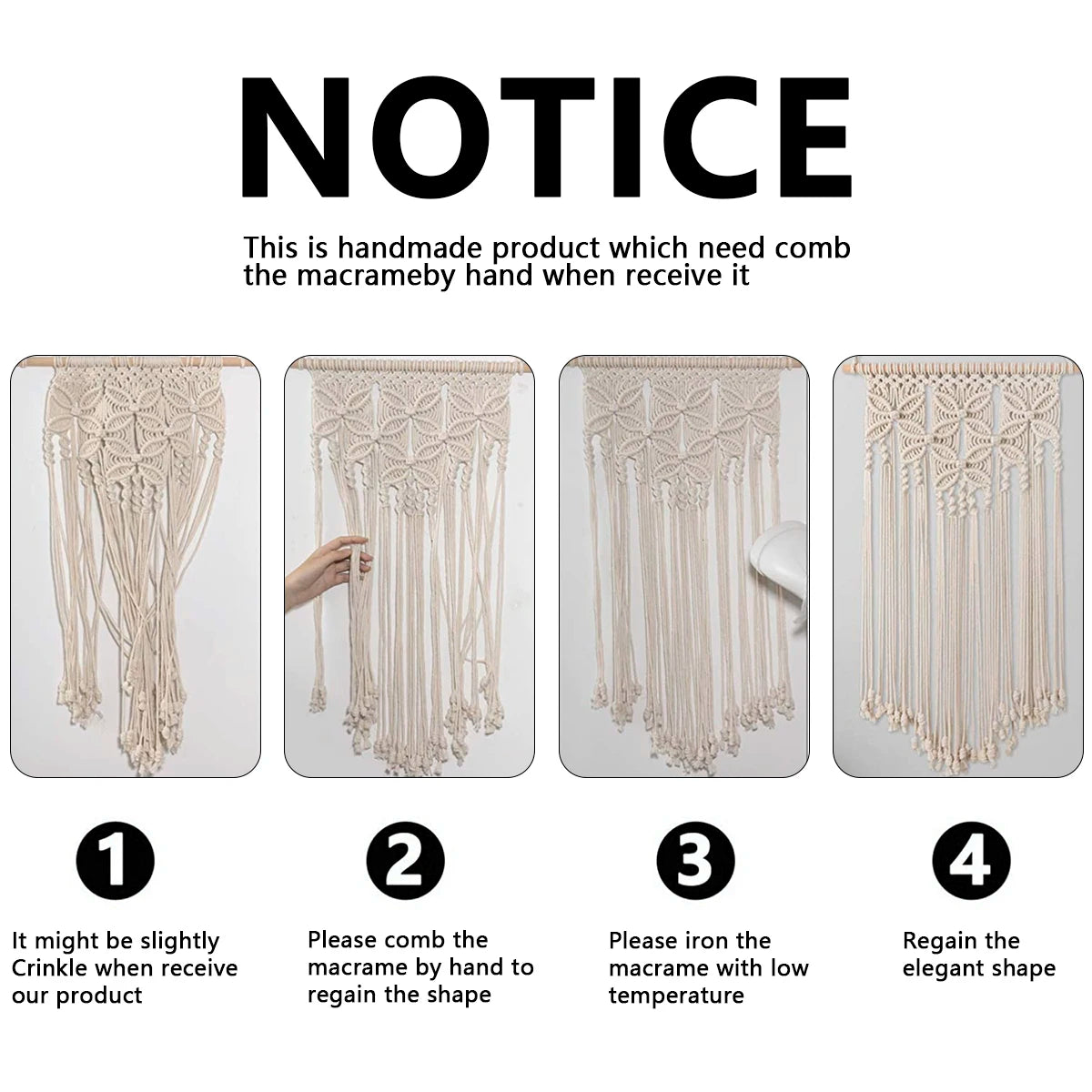 Instructions on reshaping the macrame wall hanging after unpacking