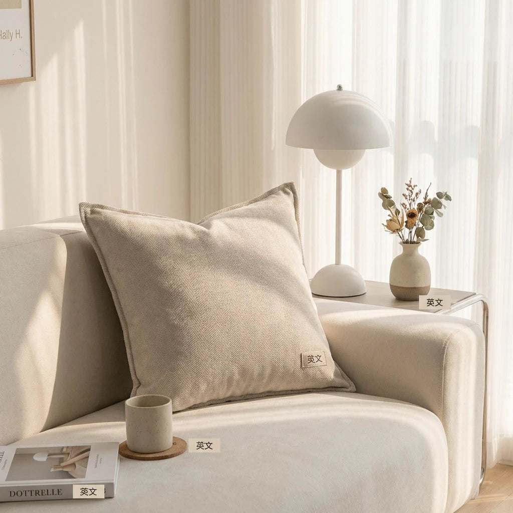 Large beige herringbone pillow cover on sofa beside a minimalist lamp