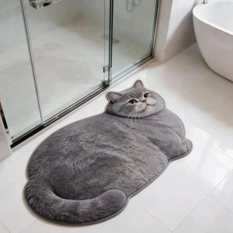 Cat bath mat placed in front of glass shower in a modern bathroom