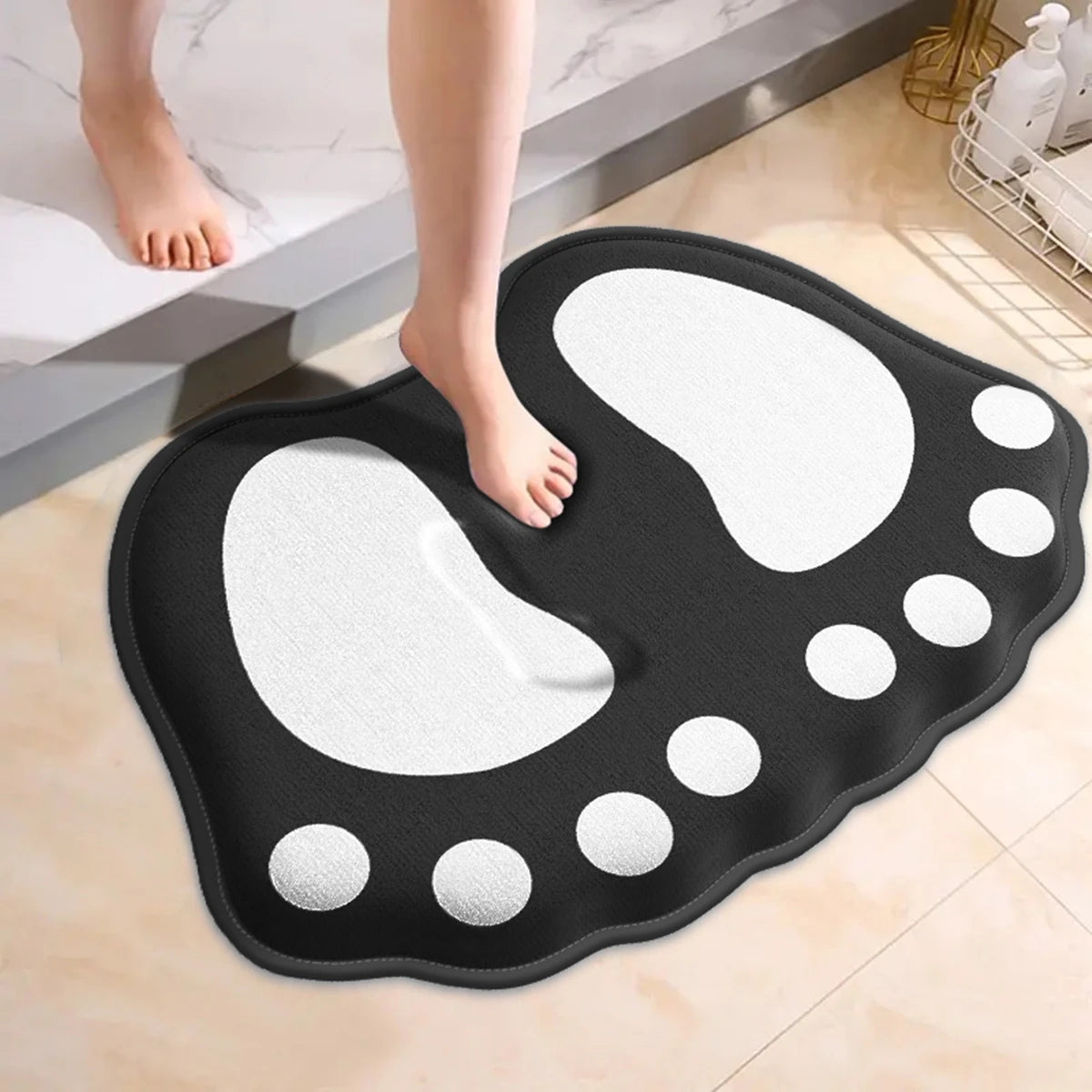 Black claw pattern anti-slip memory foam bath mat in a bathroom setting