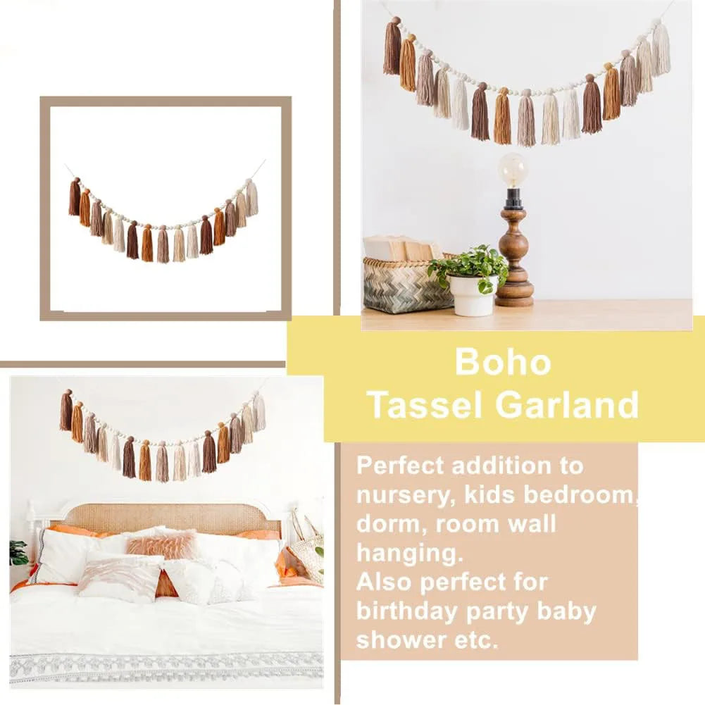 boho tassel garland above a bed and on display in styled home settings