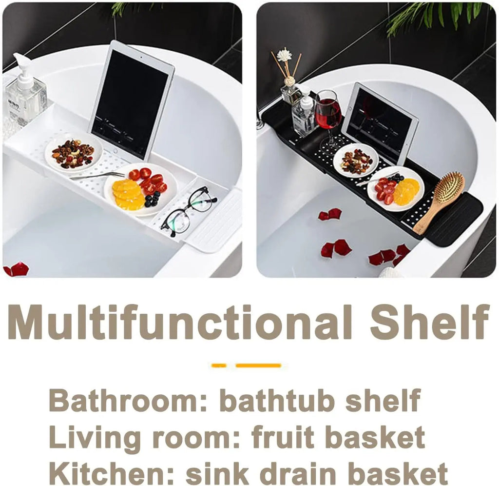 Side-by-side of white and black expandable bathtub trays holding bath items in a tub