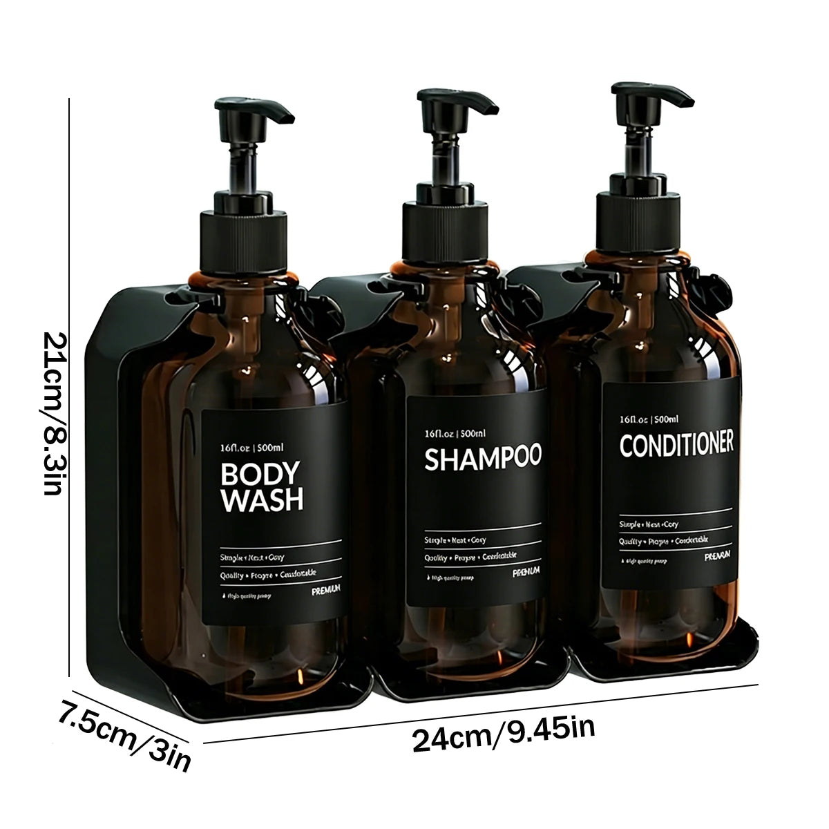 amber dispensers with size measurements for height, width, and depth